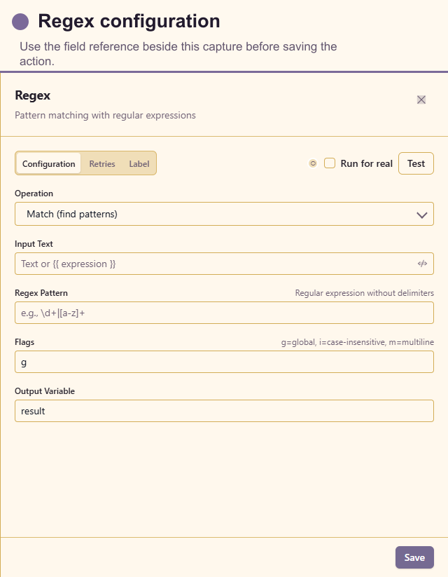 Regex configuration drawer