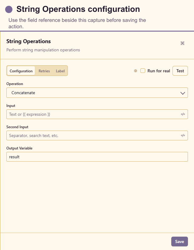 String Operations configuration drawer