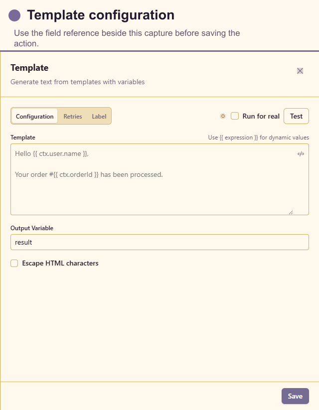 Template configuration drawer