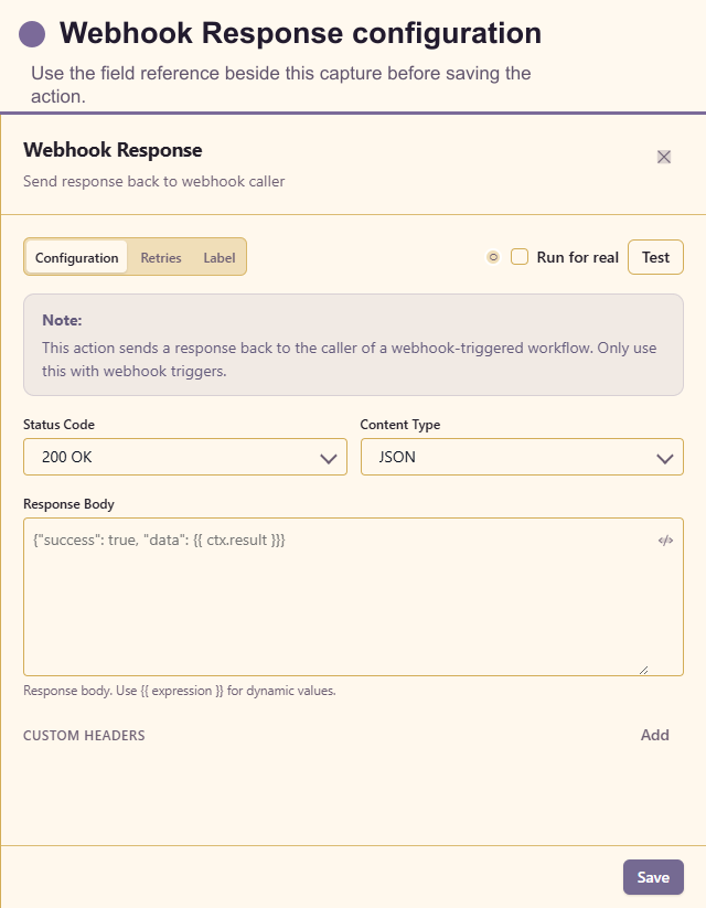Webhook Response configuration drawer