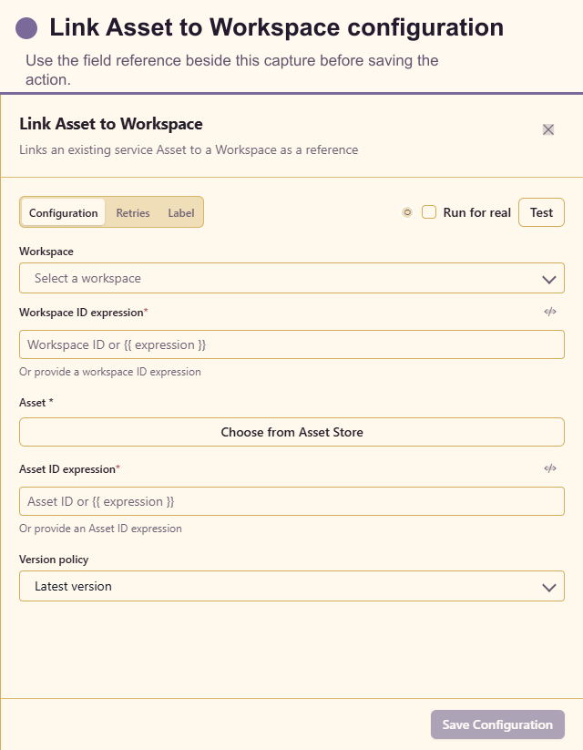 Link Asset to Workspace configuration drawer