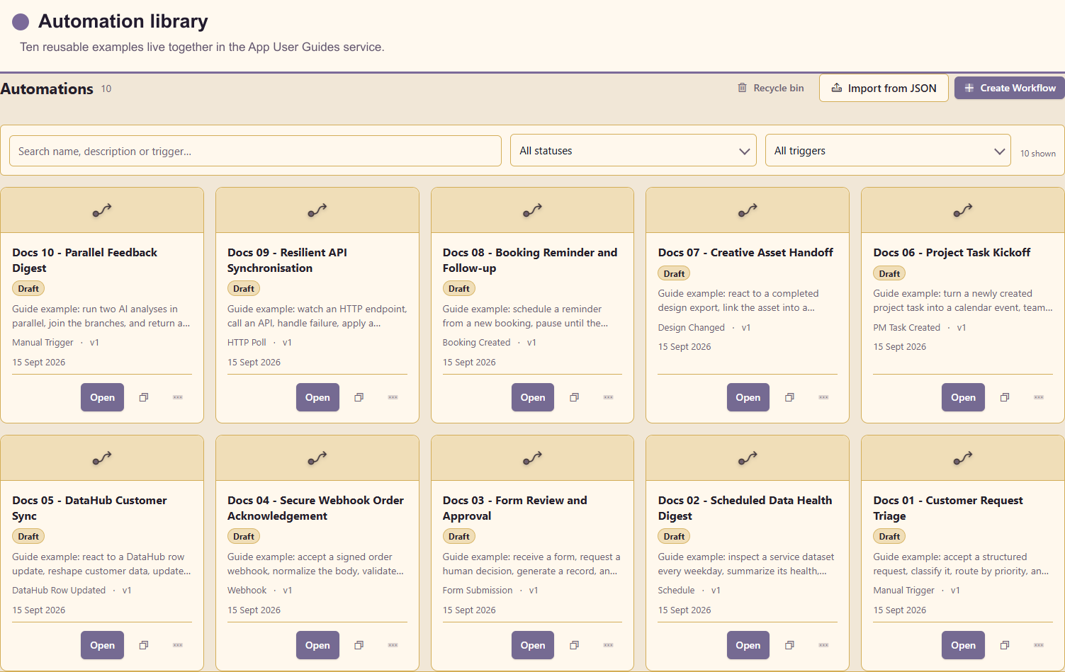 The Automation library containing ten example workflows