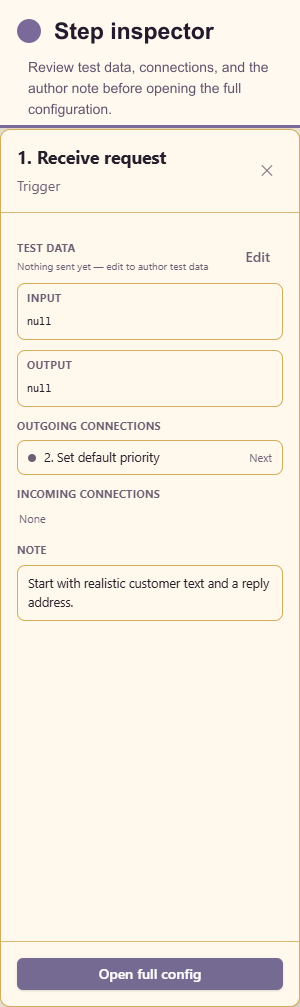 The compact step inspector showing test data, connections, and an author note