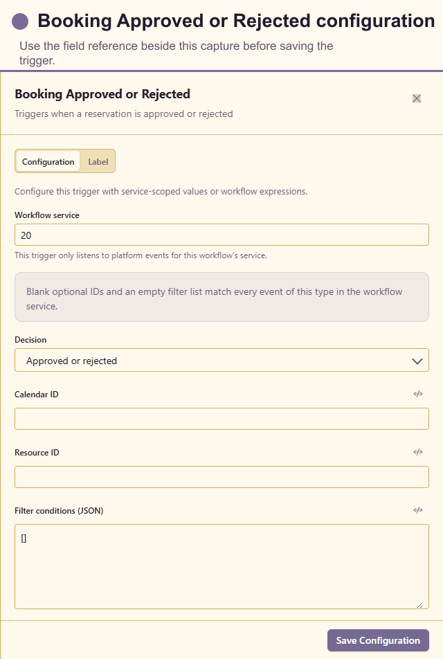 Booking Approved or Rejected configuration drawer
