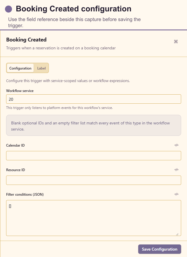 Booking Created configuration drawer
