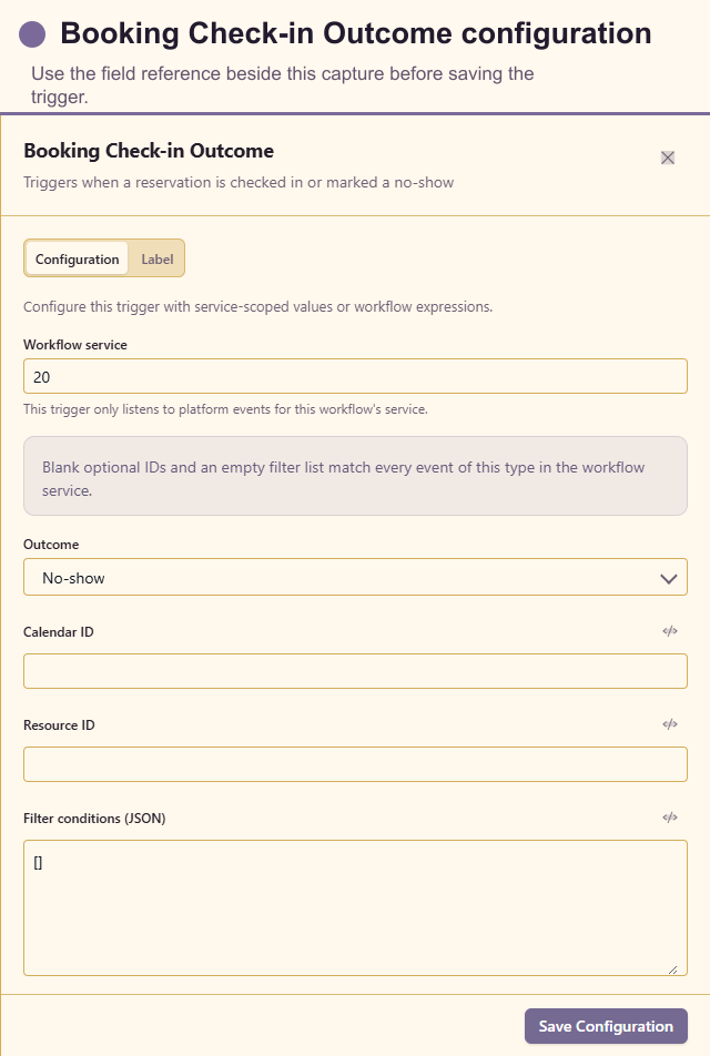 Booking Check-in Outcome configuration drawer