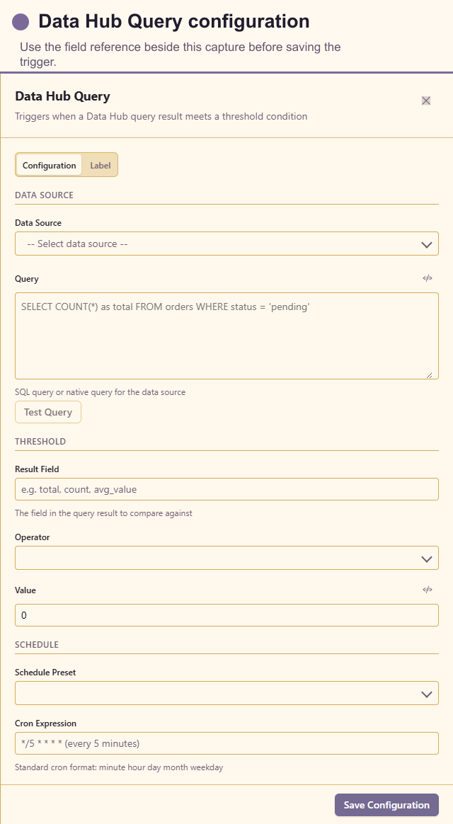 Data Hub Query configuration drawer