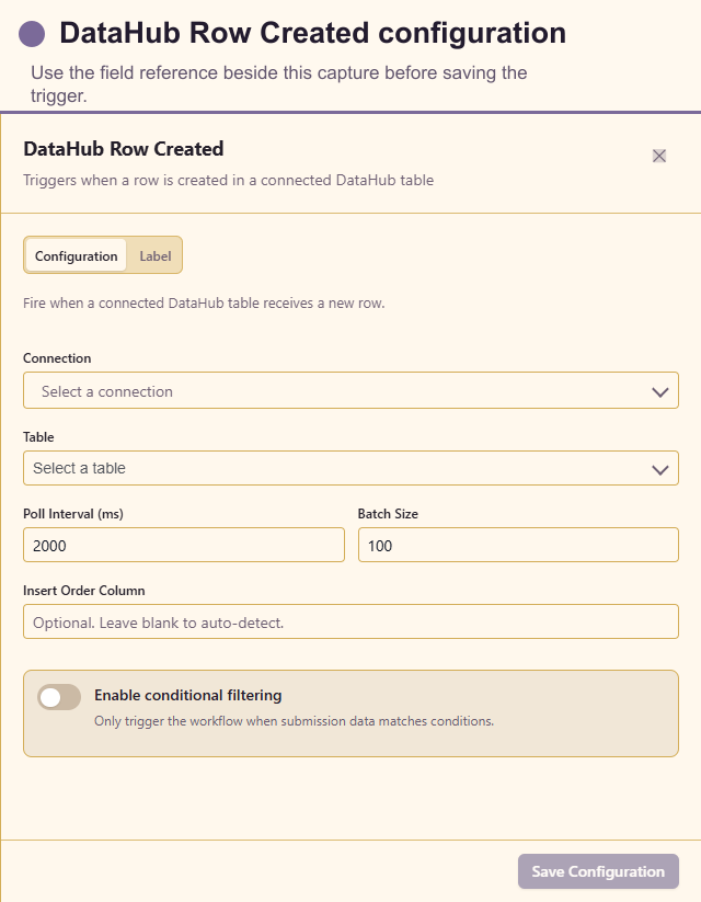 DataHub Row Created configuration drawer