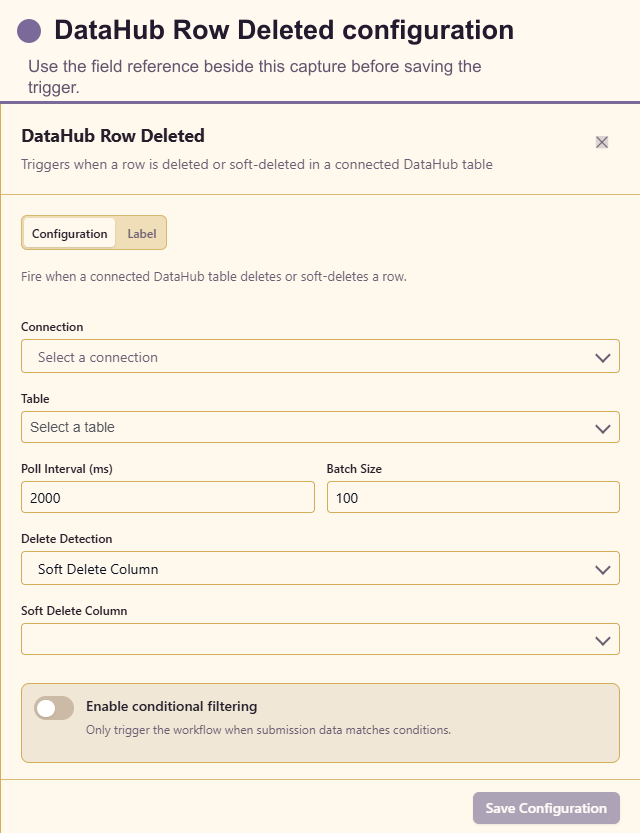 DataHub Row Deleted configuration drawer