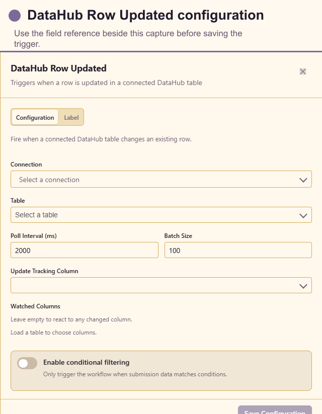 DataHub Row Updated configuration drawer