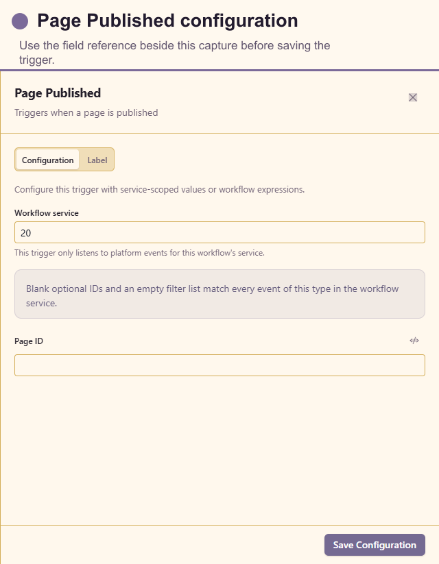 Page Published configuration drawer