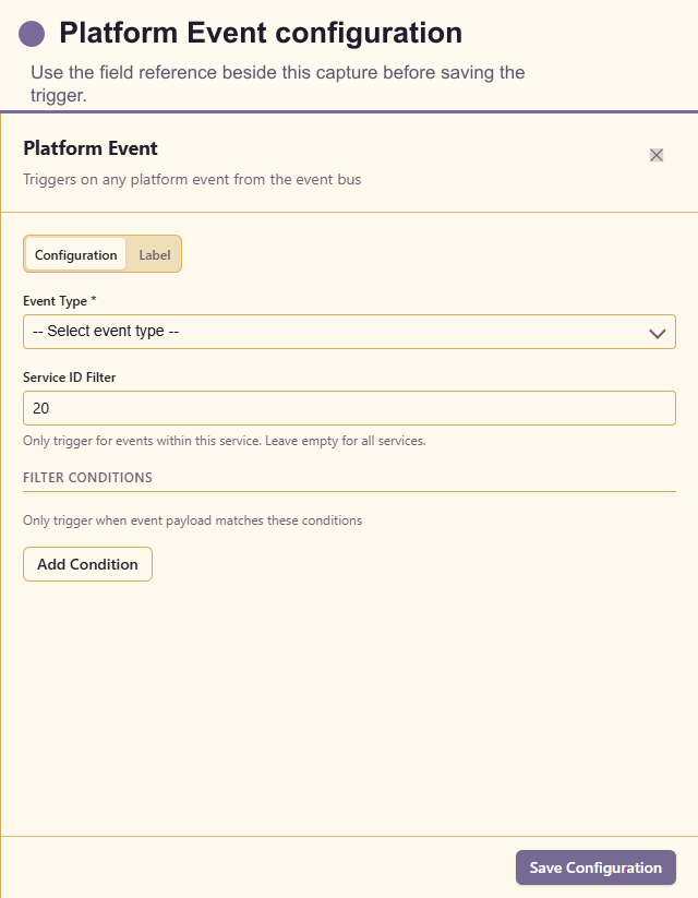 Platform Event configuration drawer