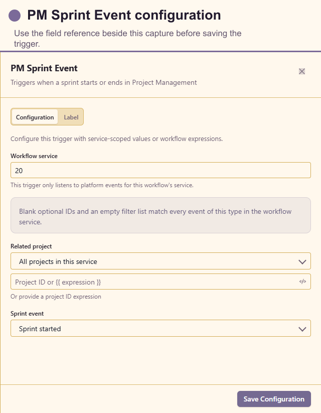 PM Sprint Event configuration drawer
