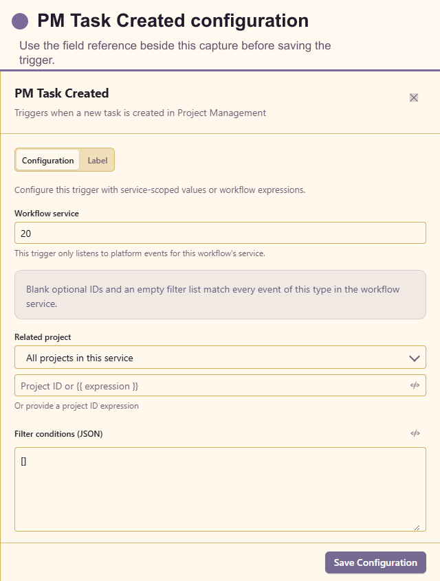 PM Task Created configuration drawer