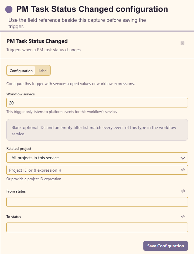 PM Task Status Changed configuration drawer