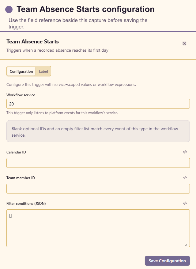 Team Absence Starts configuration drawer