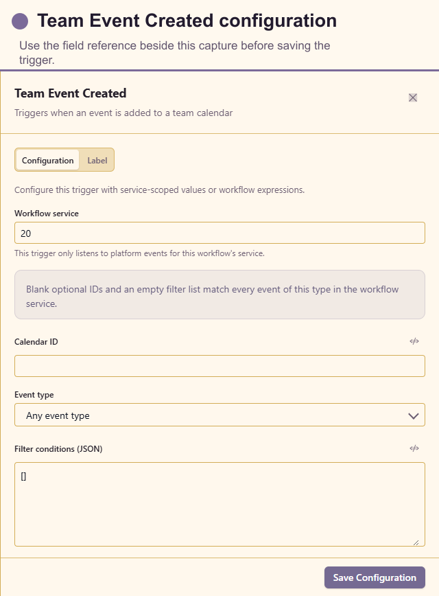 Team Event Created configuration drawer
