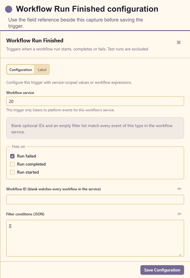 Workflow Run Finished configuration drawer