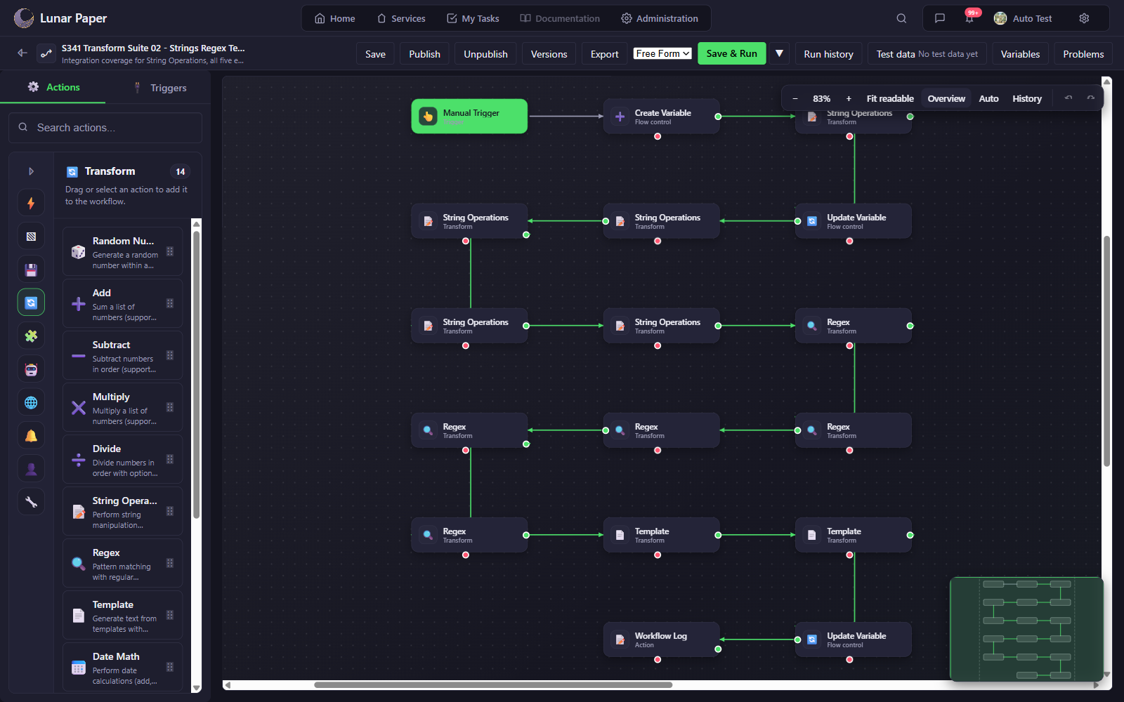 The Strings, Regex, and Templates workflow in Free Form, with the Transform palette open