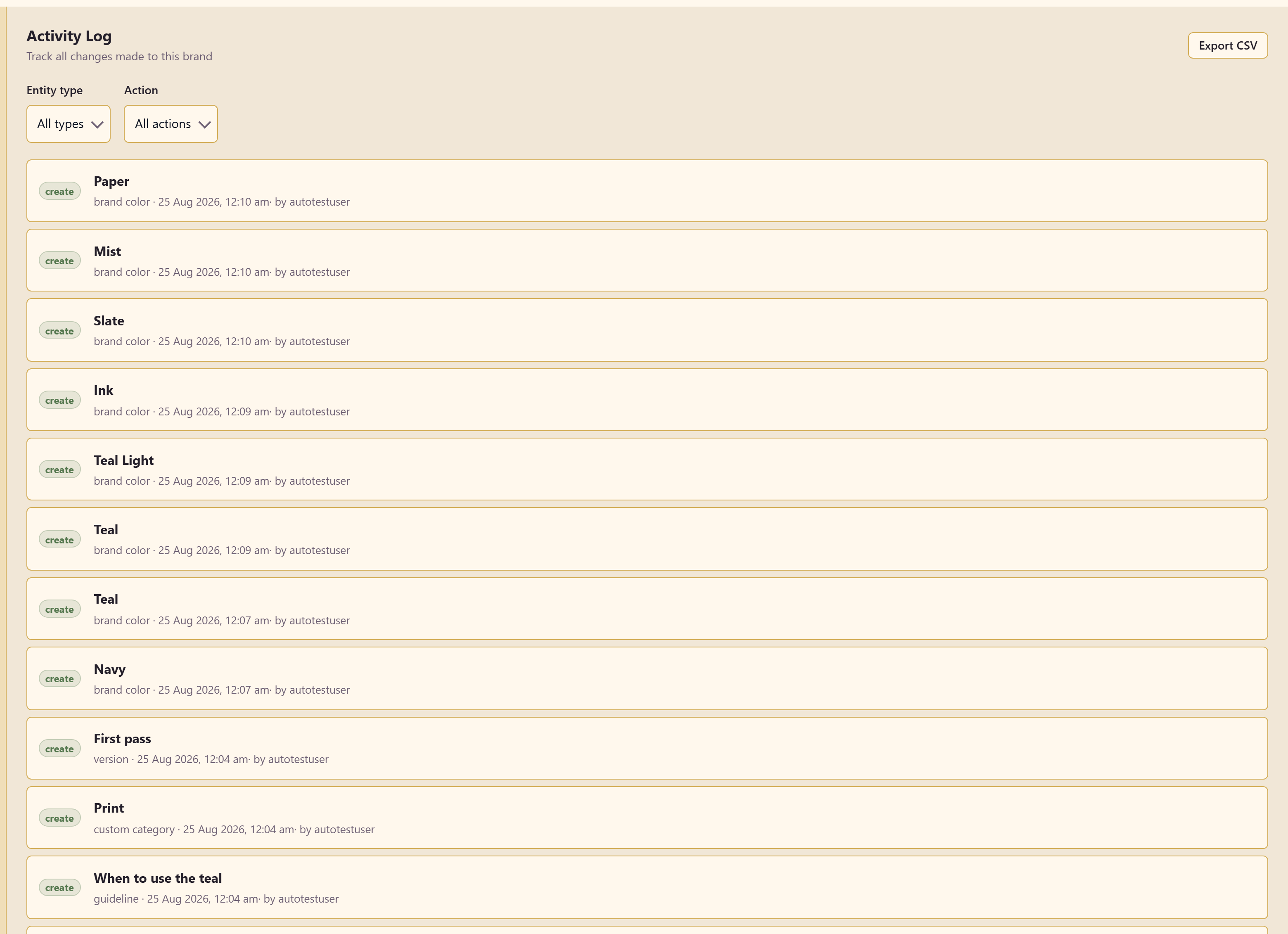 The activity log with its filters