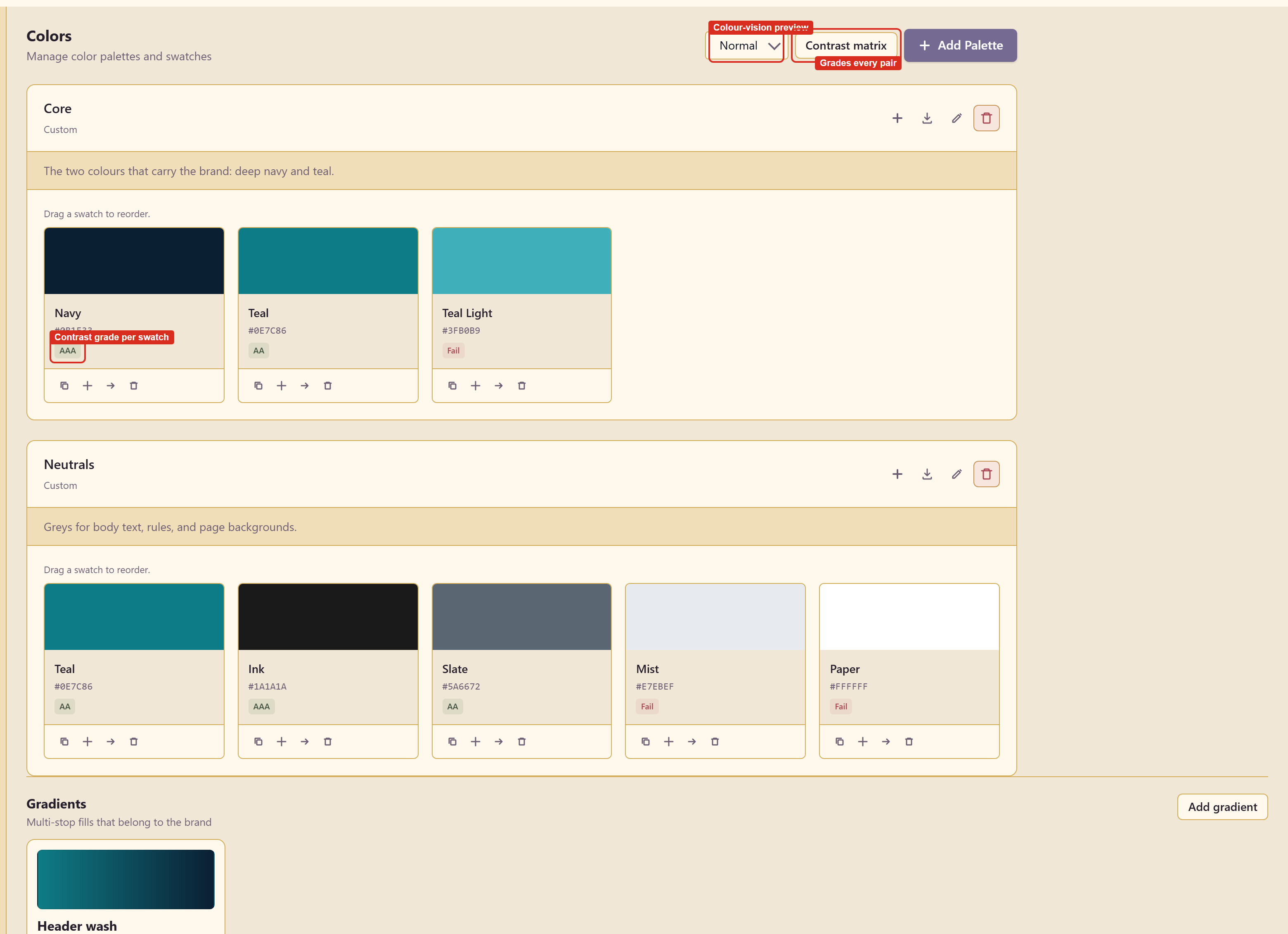 Two palettes with their swatches, contrast grades, and the accessibility controls
