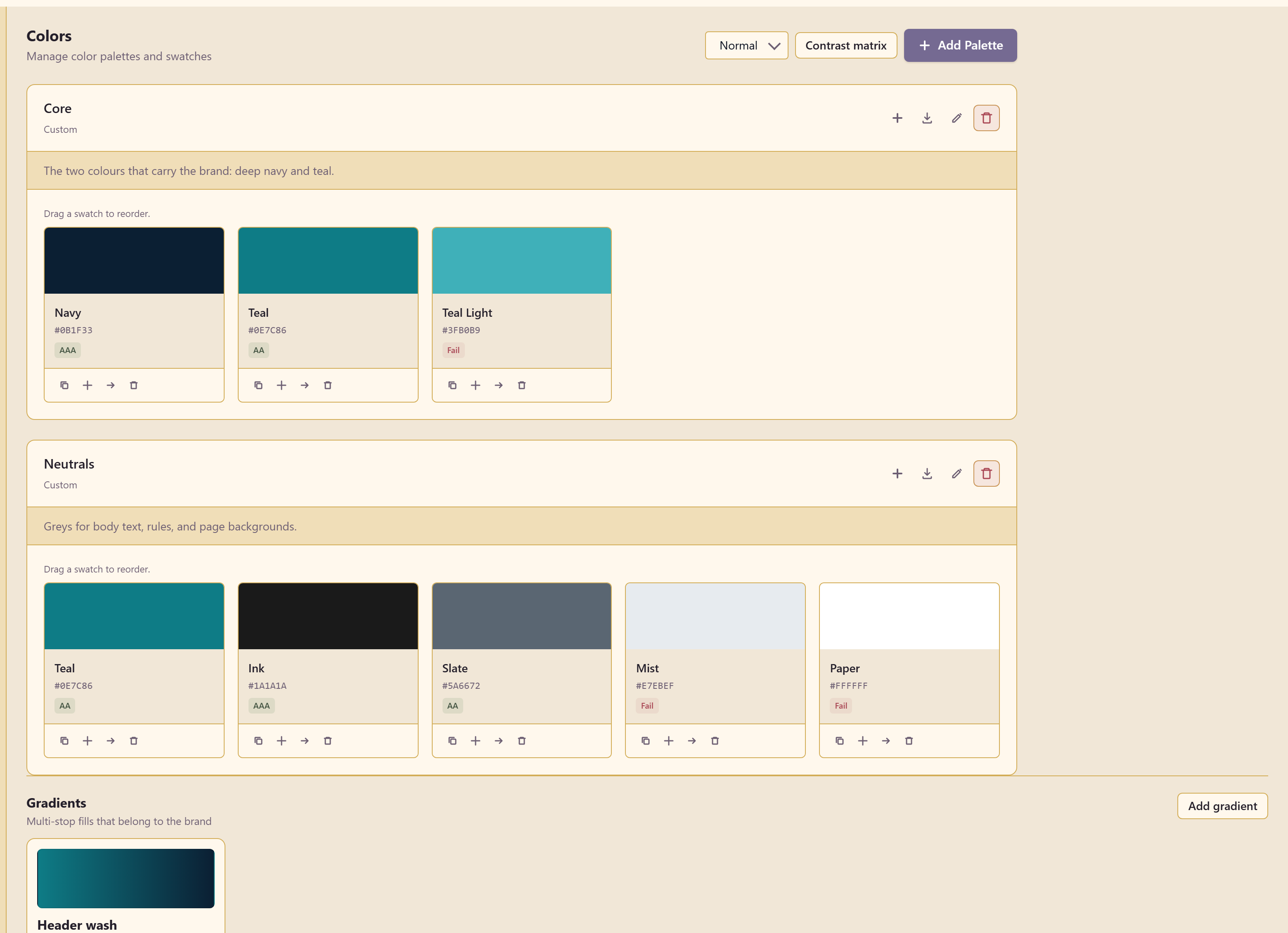Two palettes with their swatches and contrast grades