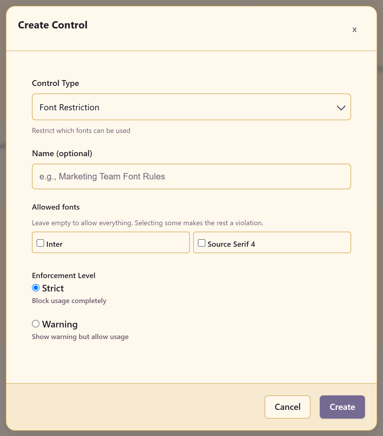 The Create Control dialog