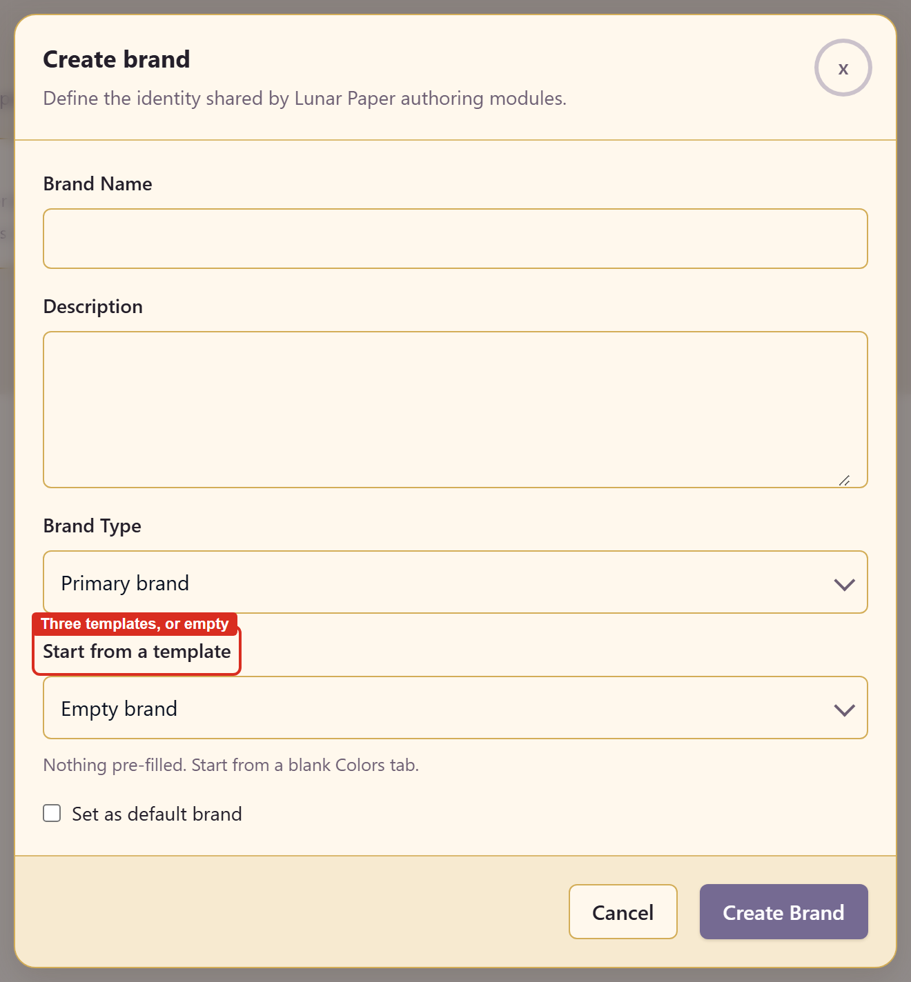 The Create brand dialog