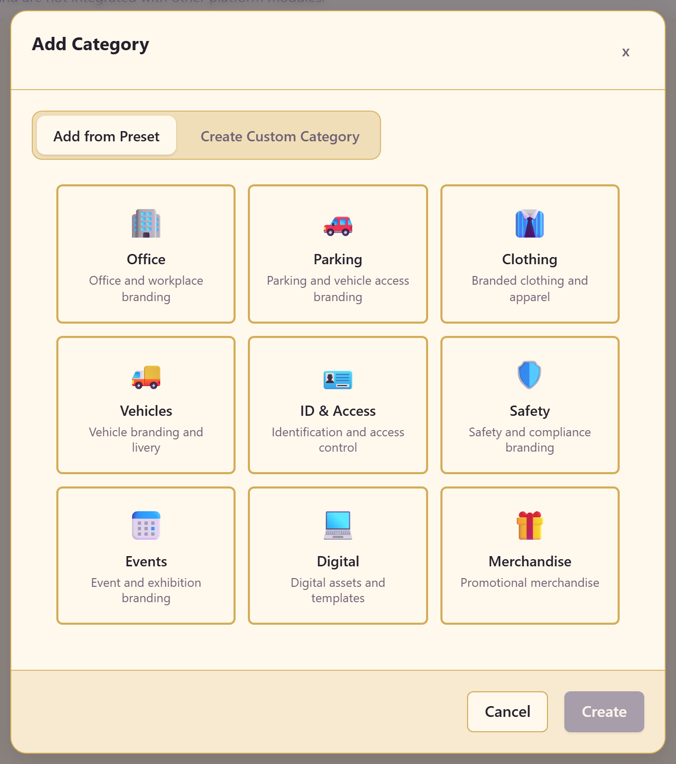 The category picker with its ten presets
