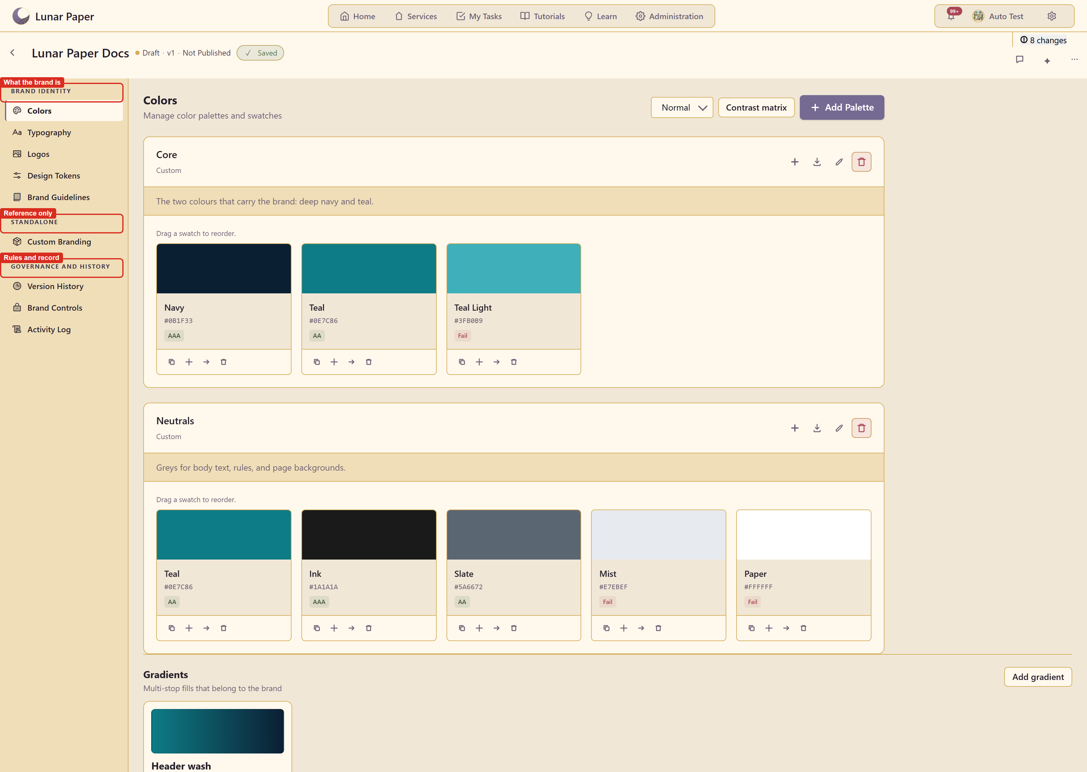 The brand editor with its three navigation groups