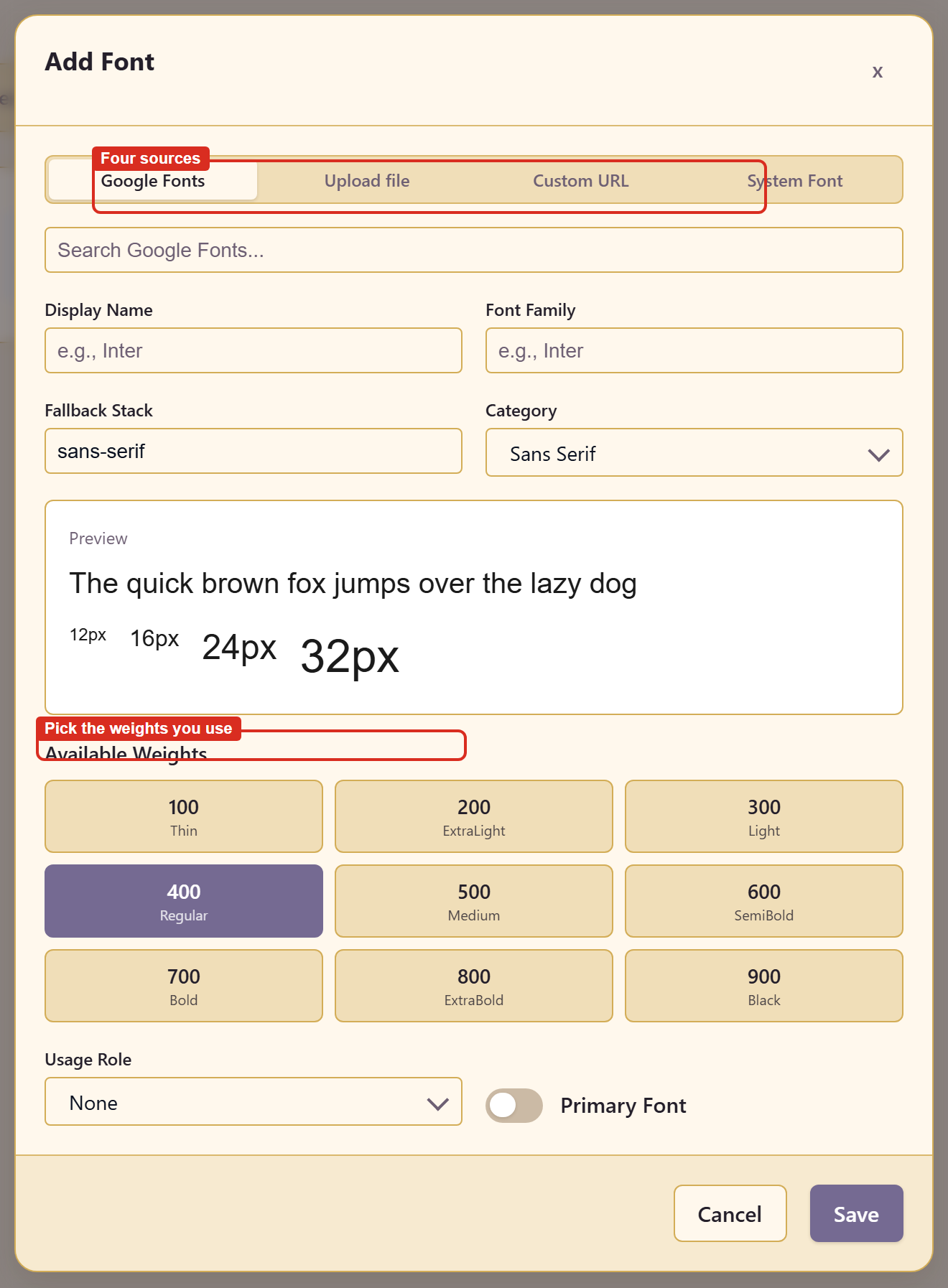 The Add Font dialog