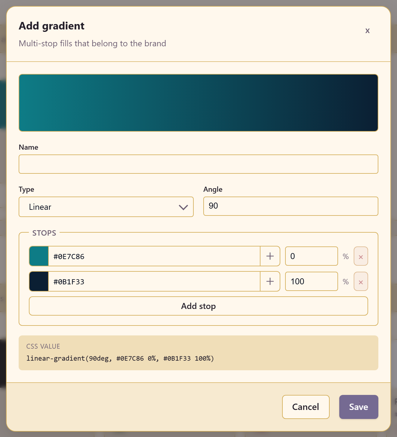 The Add gradient dialog with its stops and live CSS
