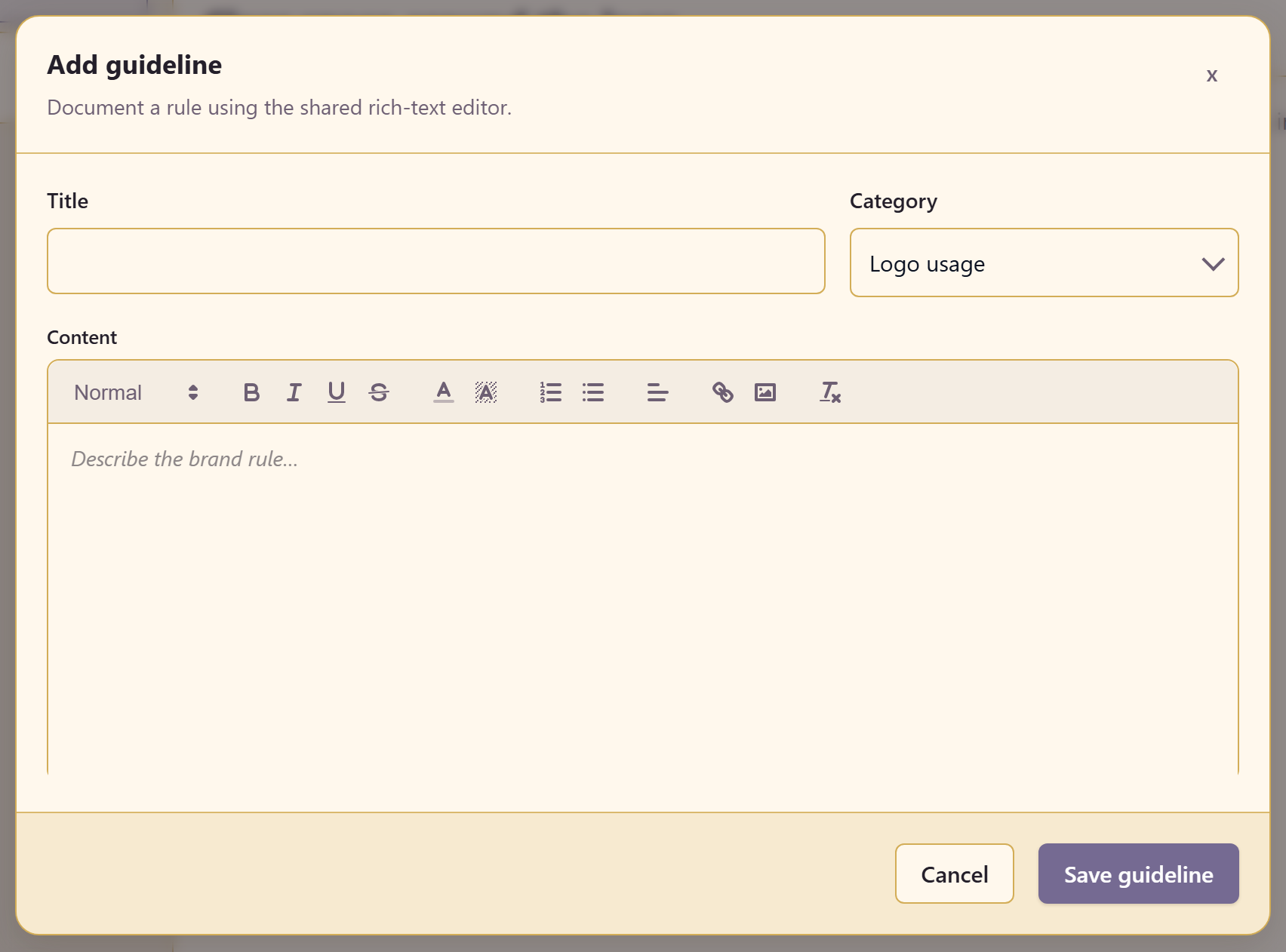 The Add guideline dialog with its rich-text editor