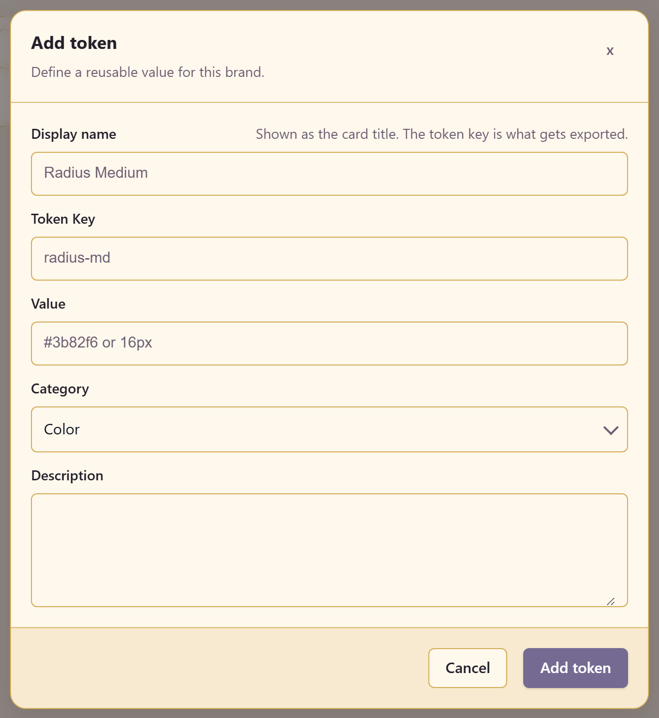 The Add token dialog