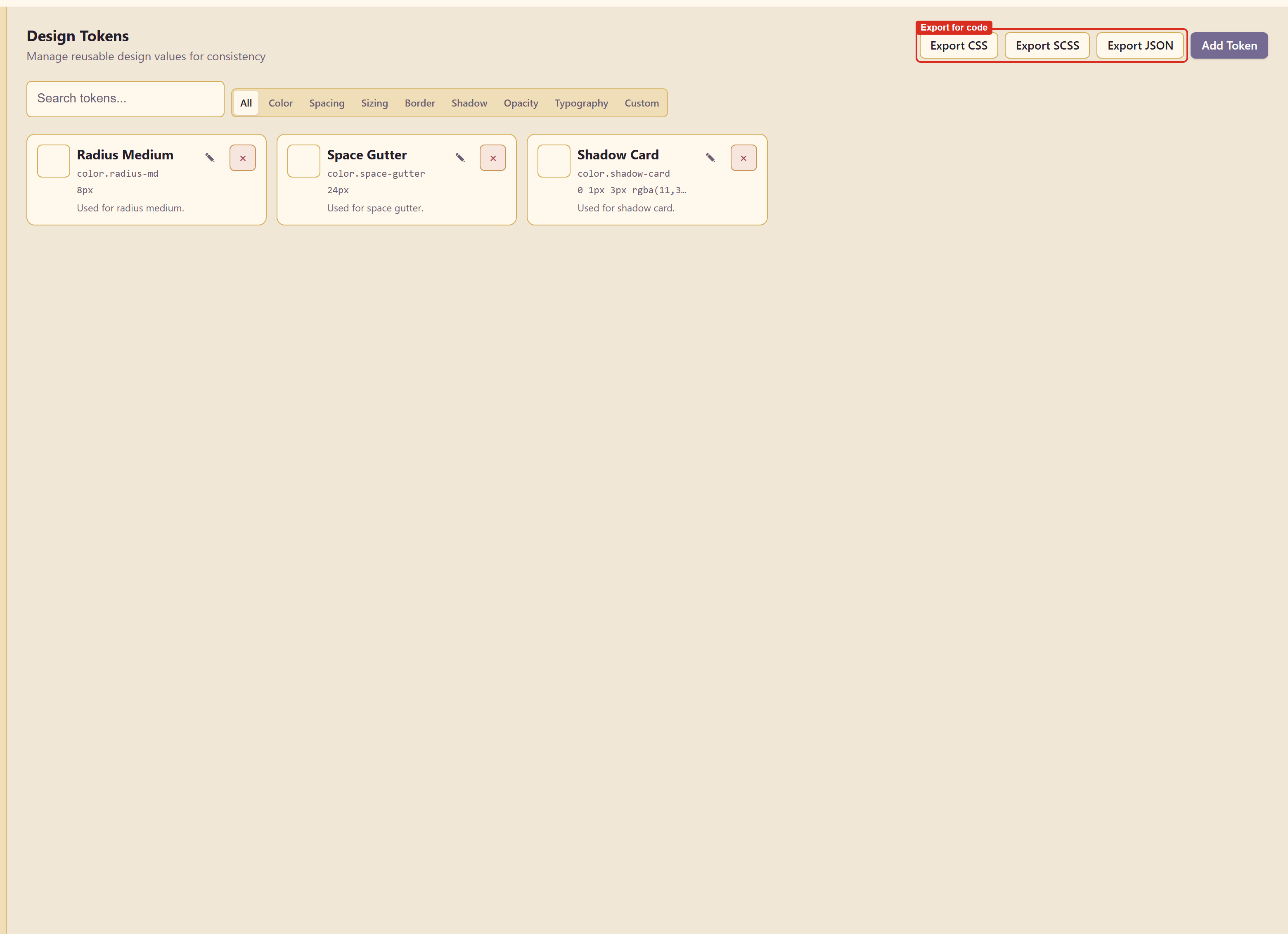 Design tokens with their categories and export buttons