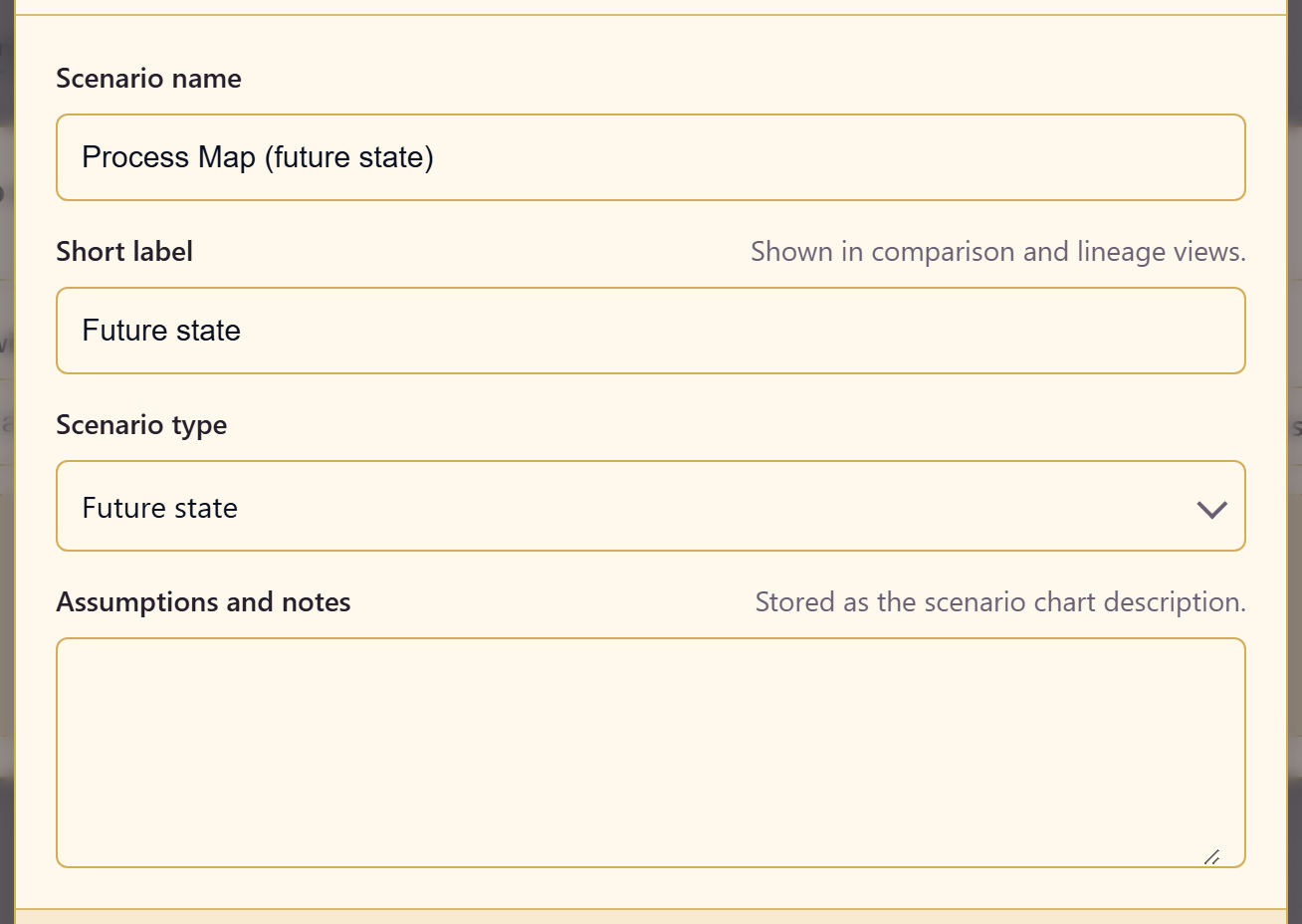 The Create scenario dialog with a name, type, and assumptions field