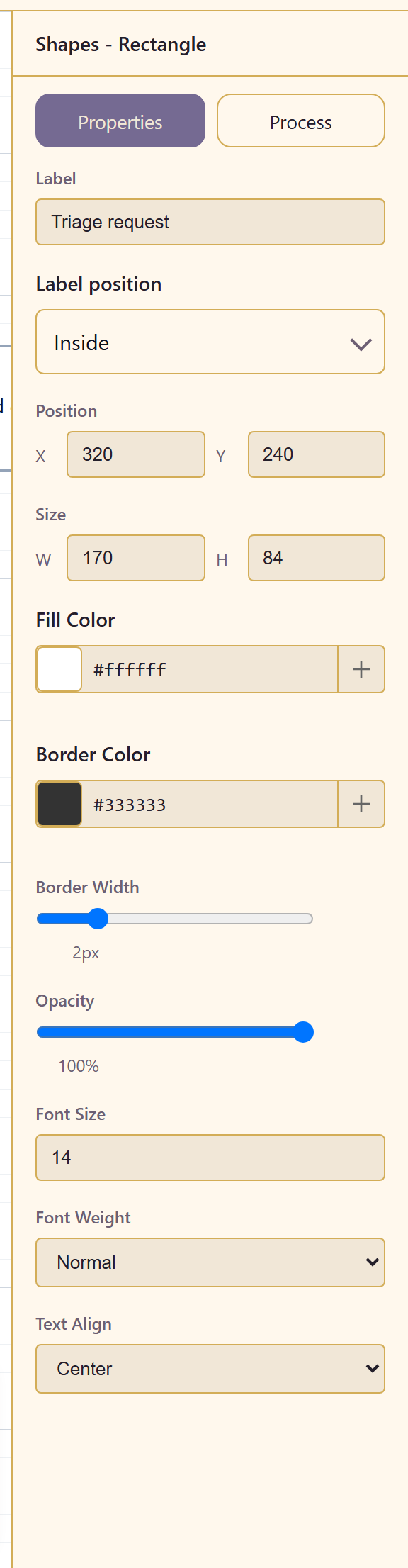 The properties panel for a selected shape