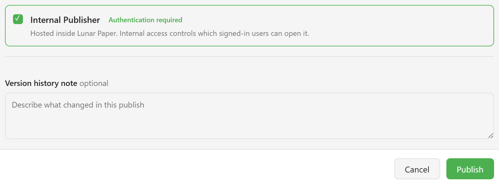 The publish dialog showing the Internal Publisher option and a version history note field