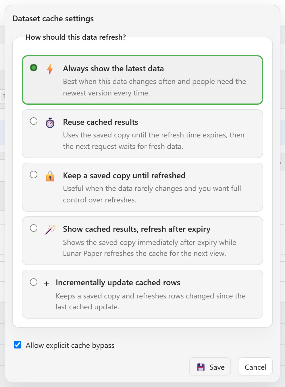The dataset cache settings panel showing the five refresh modes