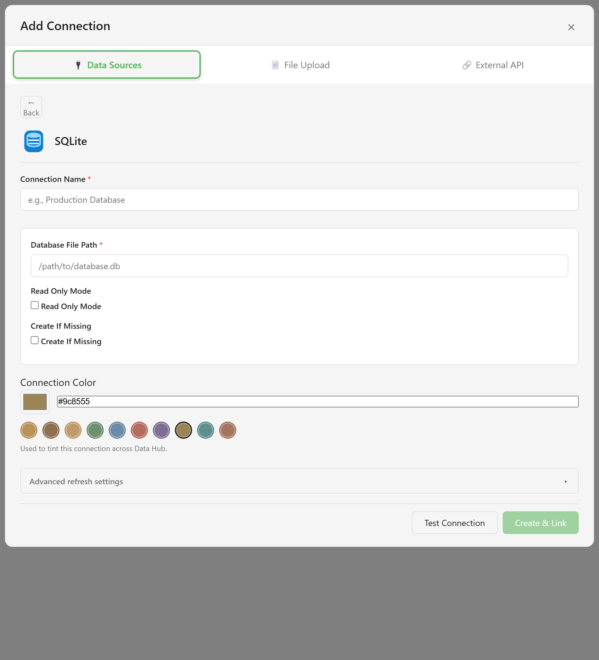 The connection form for SQLite, with a name, file path, toggles, colour, and advanced refresh settings