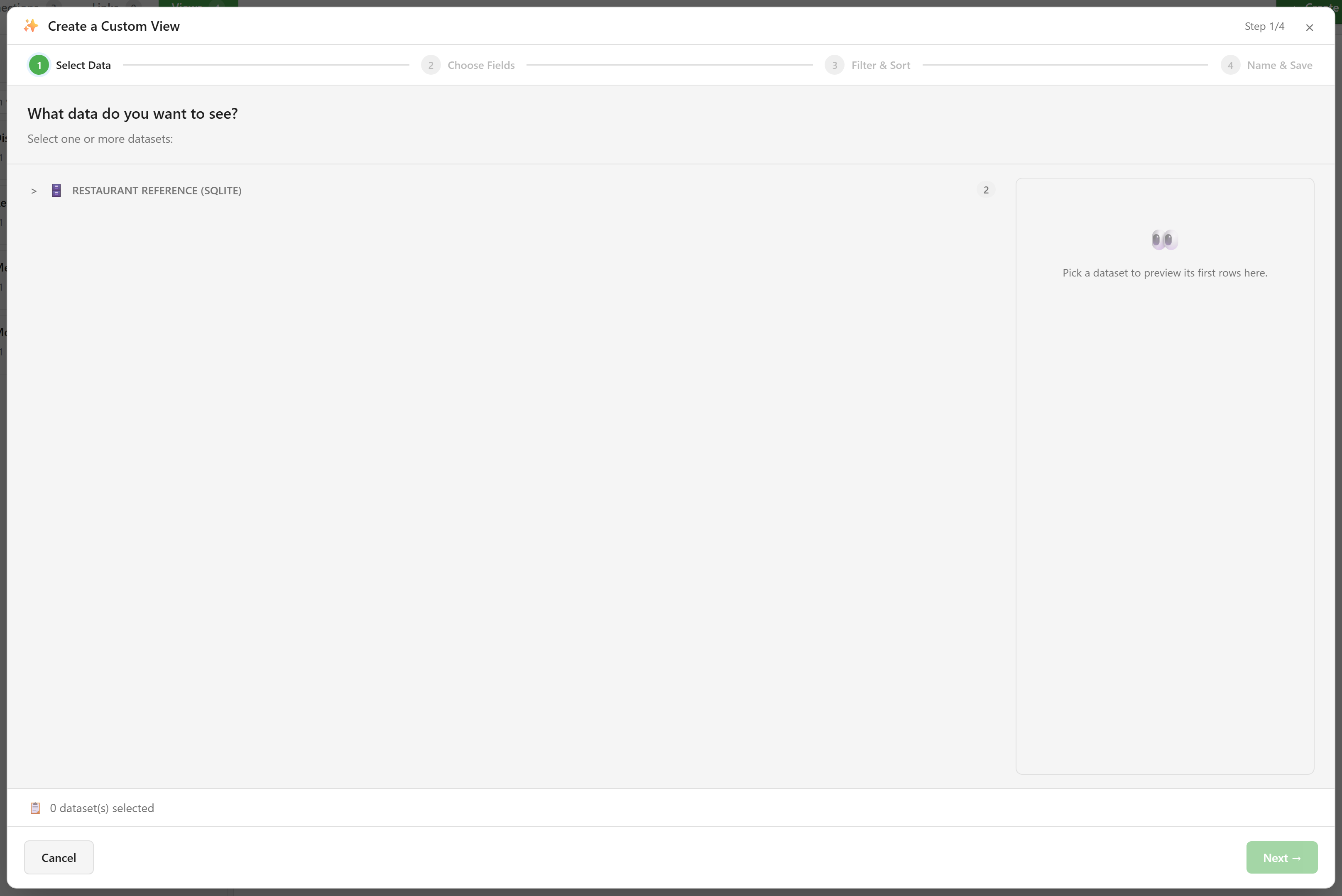 Step one of the Create a Custom View wizard, selecting datasets