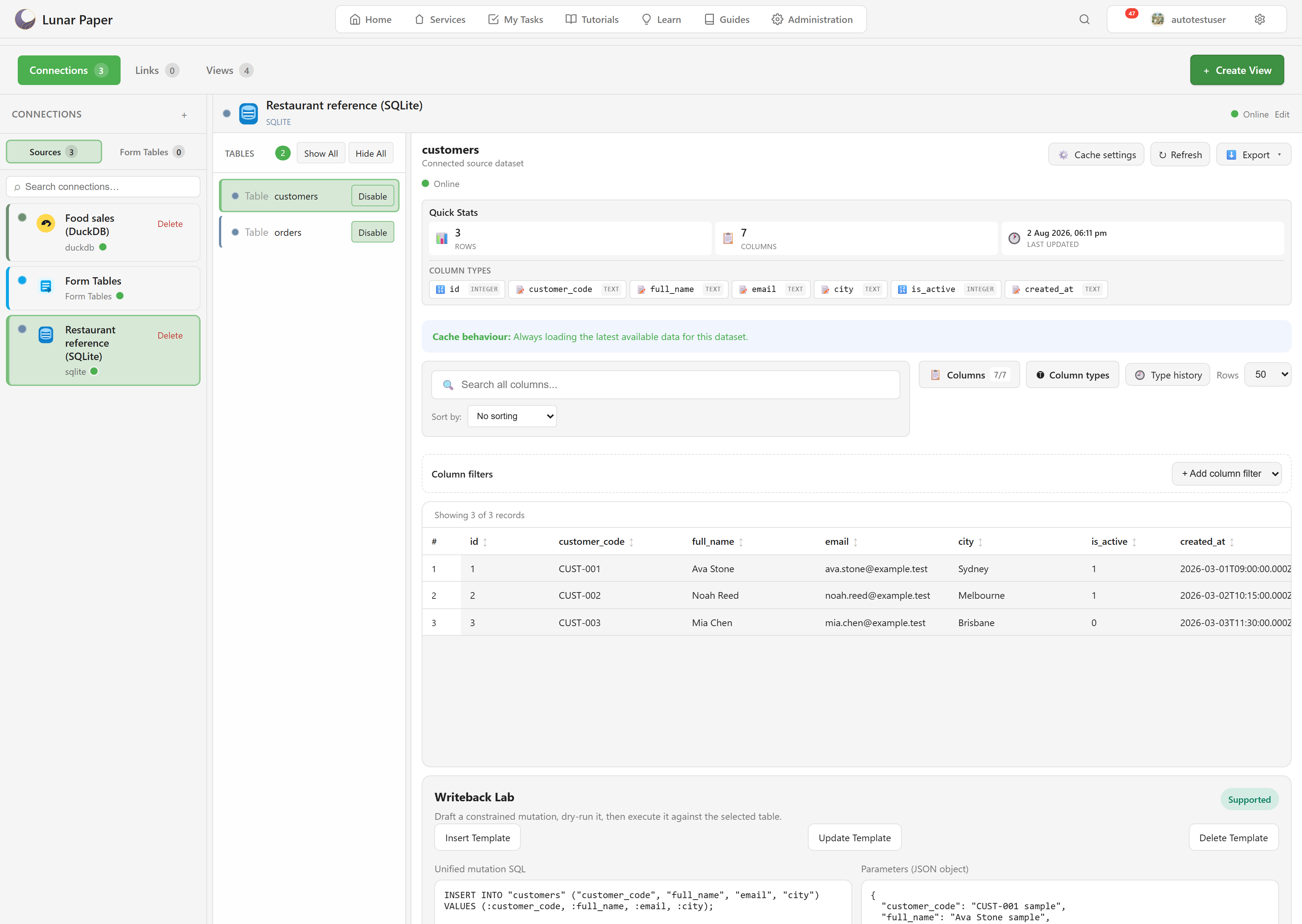 The Data Hub workspace showing connections, a table’s columns and rows, quick stats, and the Writeback Lab