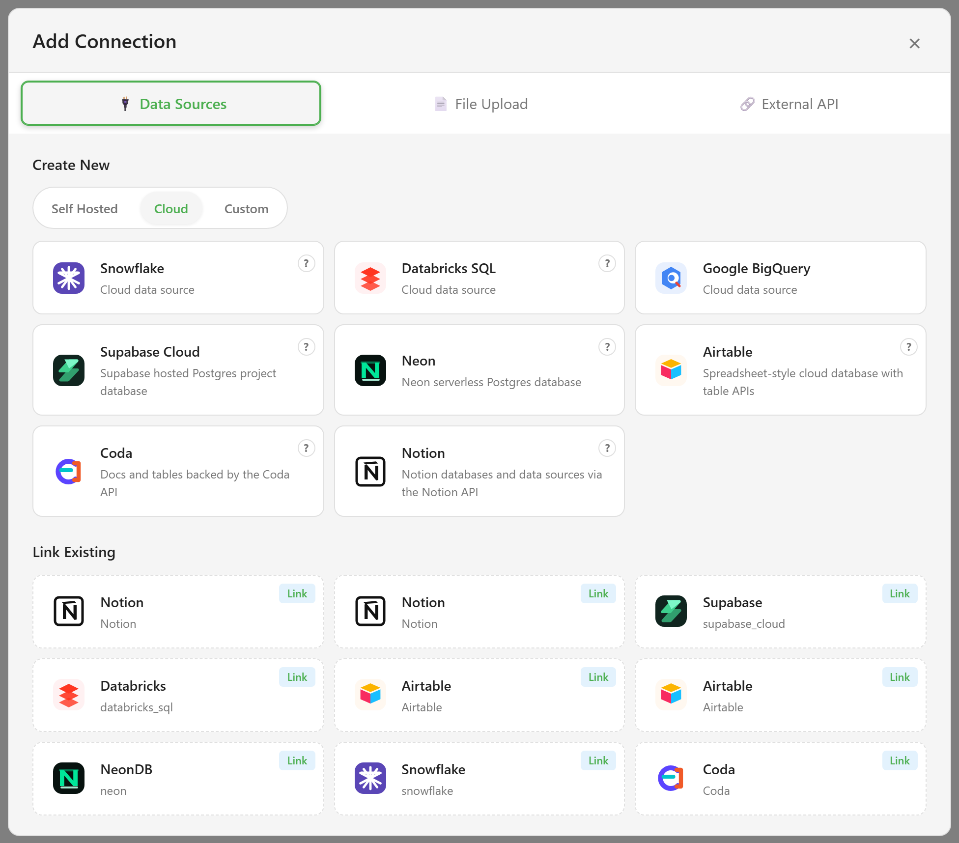 The Add Connection wizard showing the eight cloud connectors
