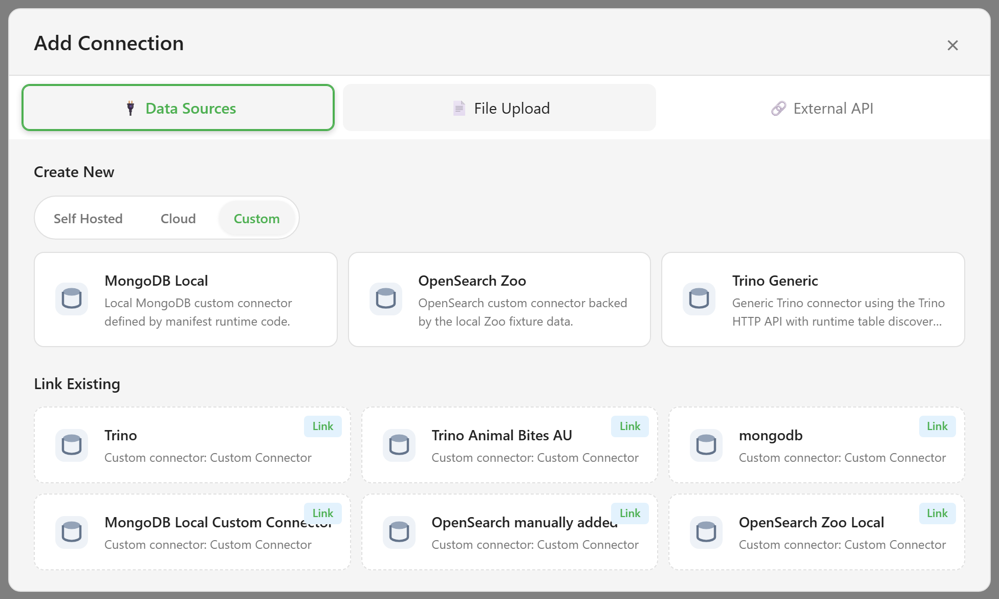 The Add Connection wizard showing the three custom connectors