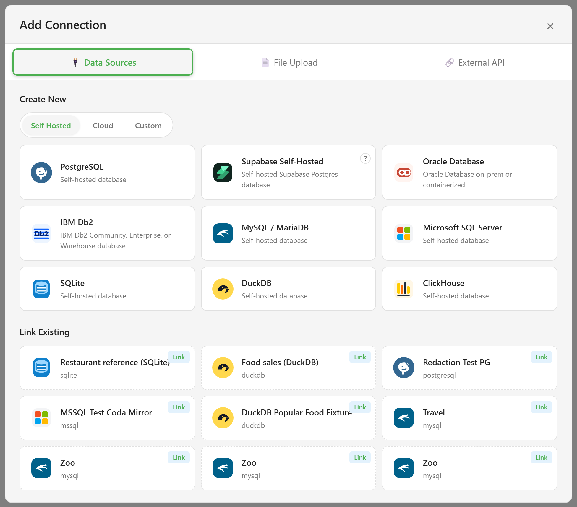 The Add Connection wizard showing the nine self-hosted connectors