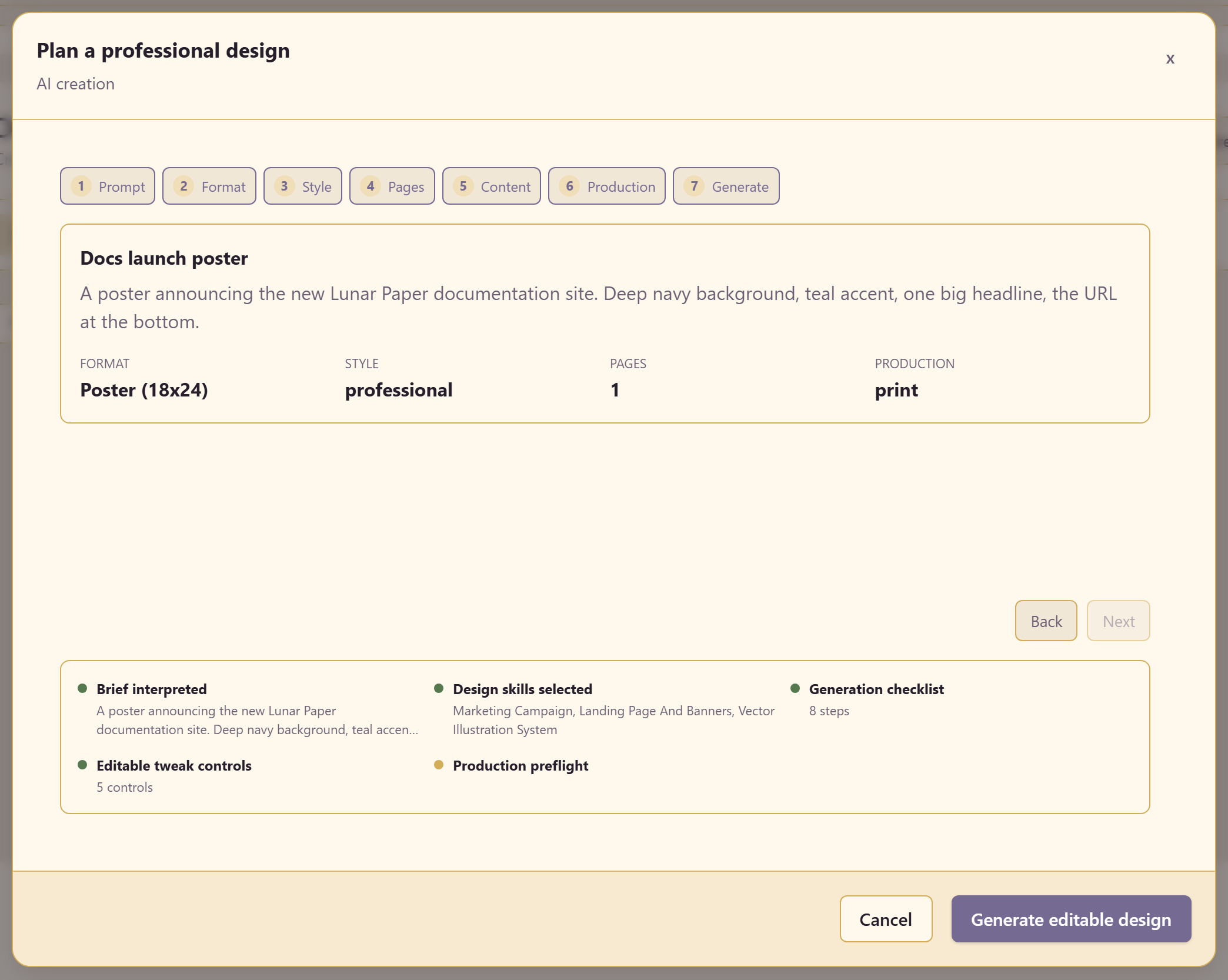Step 7, the summary before generating