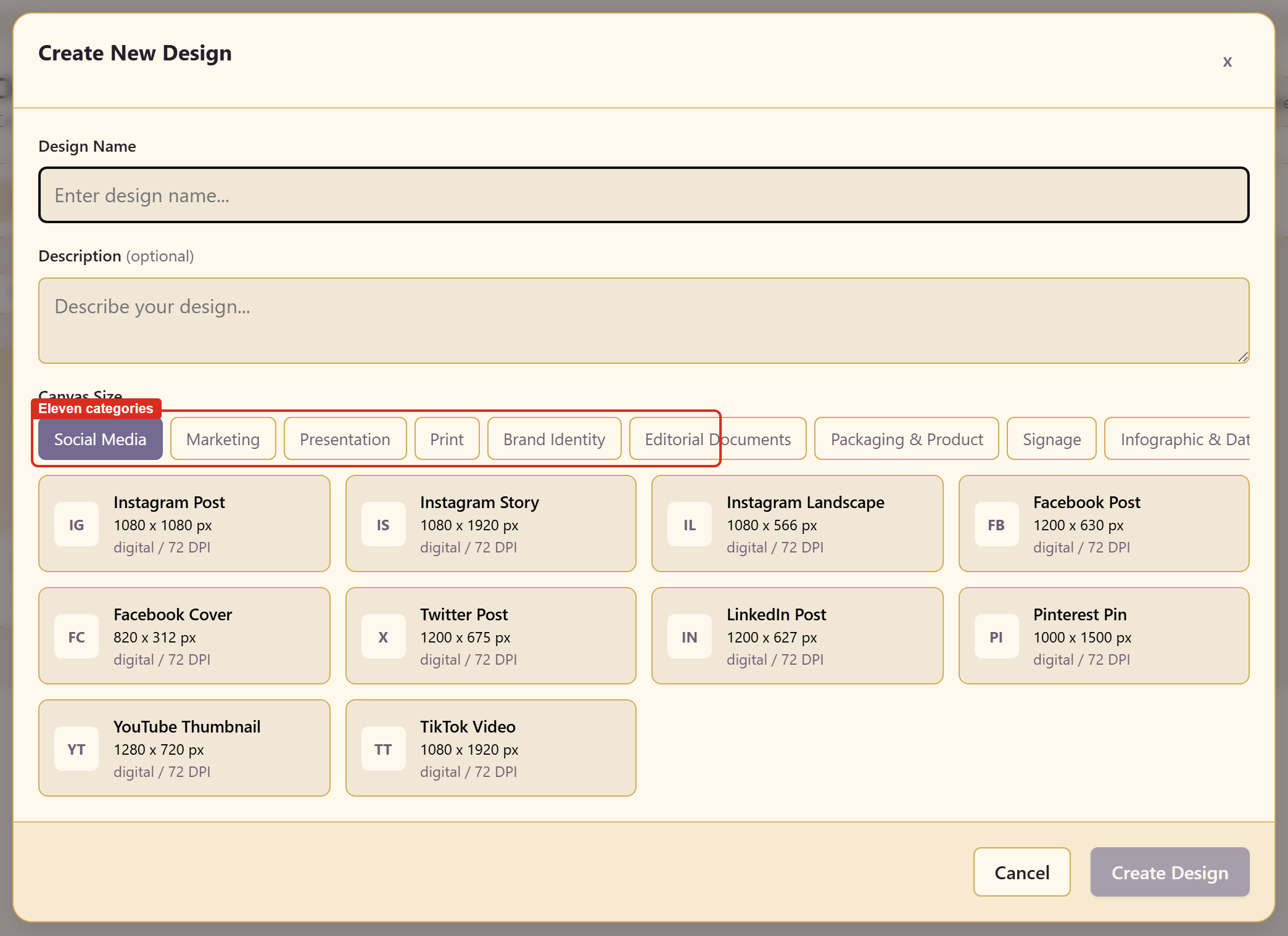 The Create Design dialog with its categories and presets
