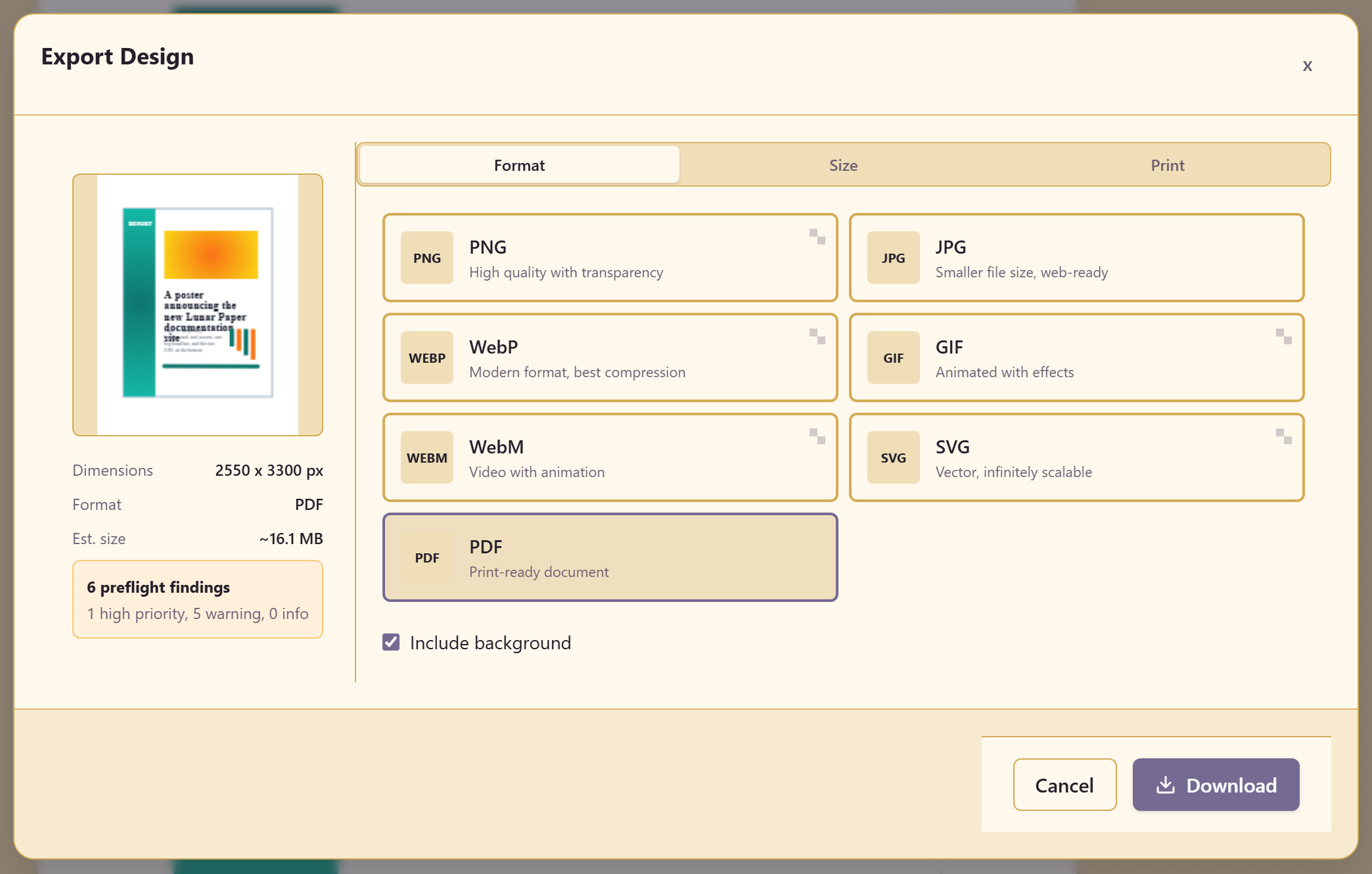 The export dialog