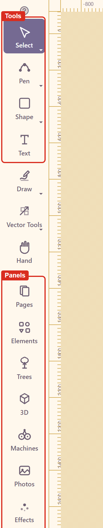 The left rail: tools above, panels below