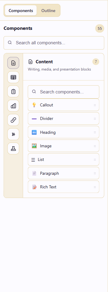 Components panel showing the Content category with its seven components